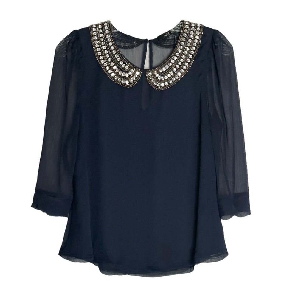 🌺 Ark & Co Beaded Sheer Blouse Size S Peter Pan Collar Half Sleeve Crystal Top